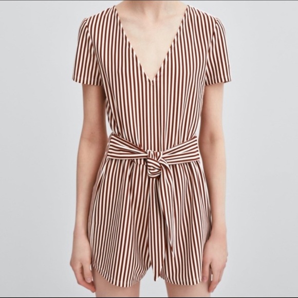 Zara Pants - Zara Brick Striped V Neck Front Tie Romper